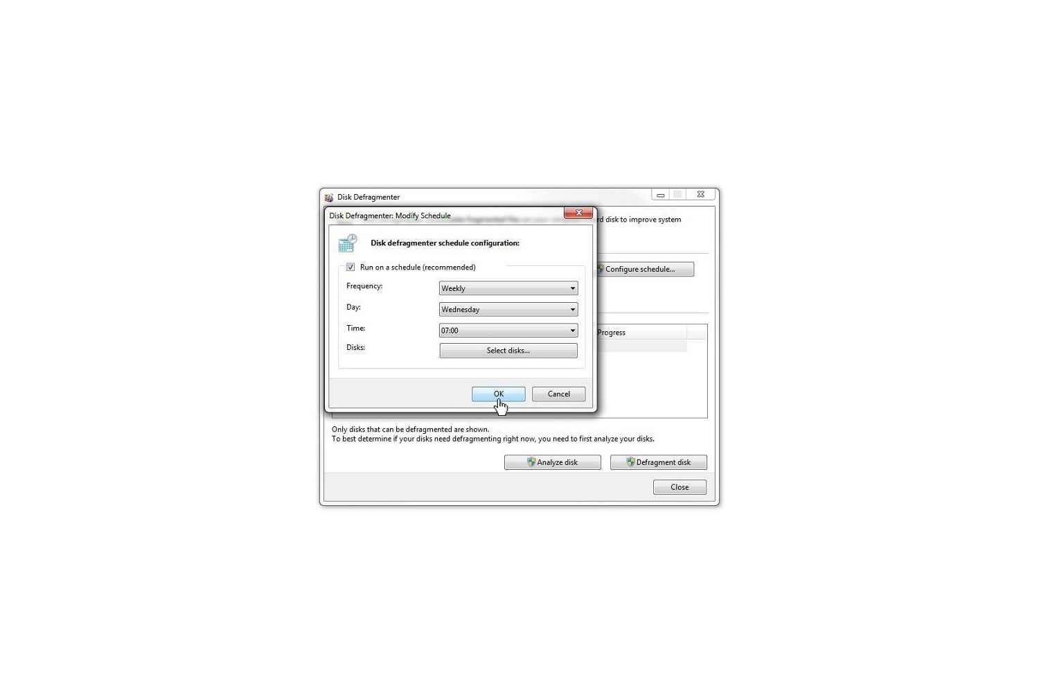 Desfragmentador de disco de Windows 7: Ventana emergente de modificación de la planificación