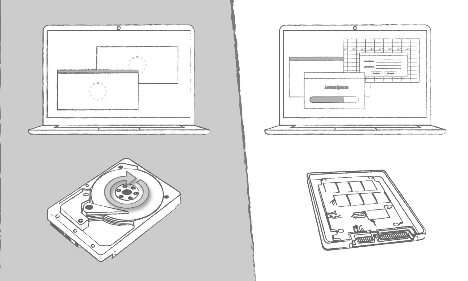 Ilustración que muestra los beneficios de una SSD en comparación con un disco duro considerando los tiempos de carga de programas informáticos