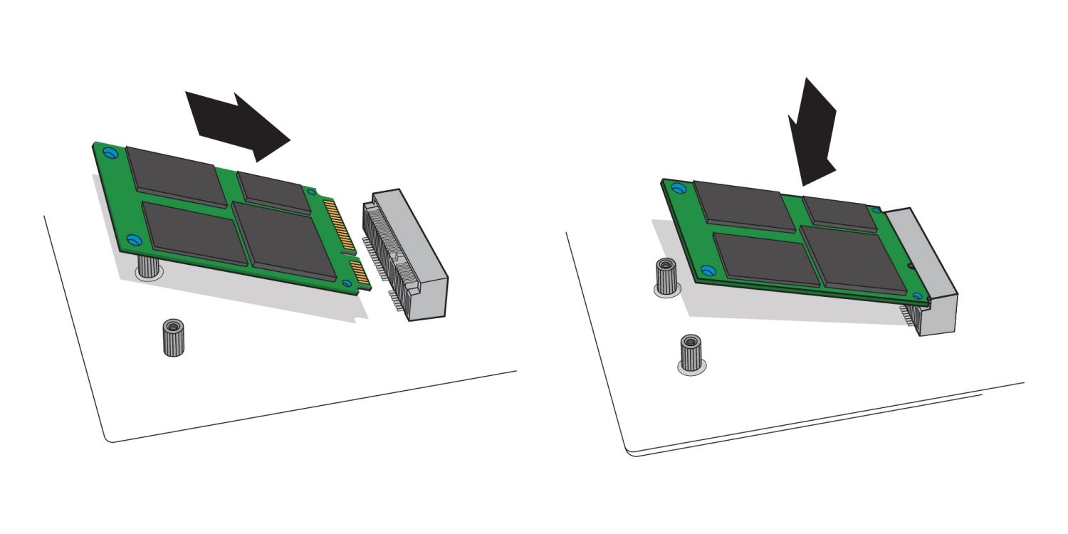 Ilustración para mostrar cómo insertar una SSD mSATA en el receptáculo mSATA de la placa base de un ordenador de sobremesa