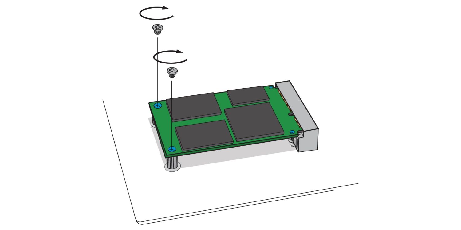 Ilustración para mostrar cómo atornillar una nueva SSD mSATA en el receptáculo mSATA de la placa base de un ordenador de sobremesa