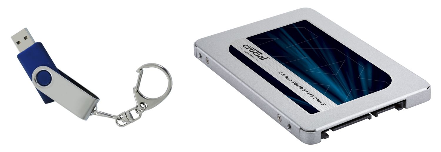 Dos ejemplos de almacenamiento no volátil: una unidad flash USB y una SSD Crucial