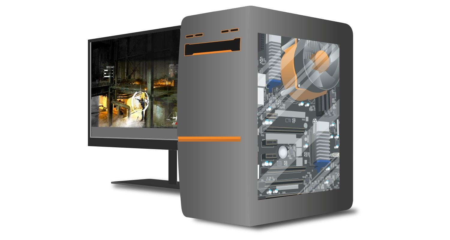 Ordenador para juegos y monitor en el que se ve un juego