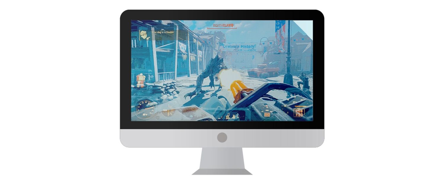 Monitor de ordenador Mac con un videojuego en pantalla.