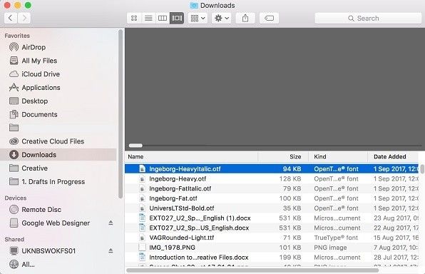 Captura de pantalla de la ventana emergente de la carpeta de Descargas de un Mac