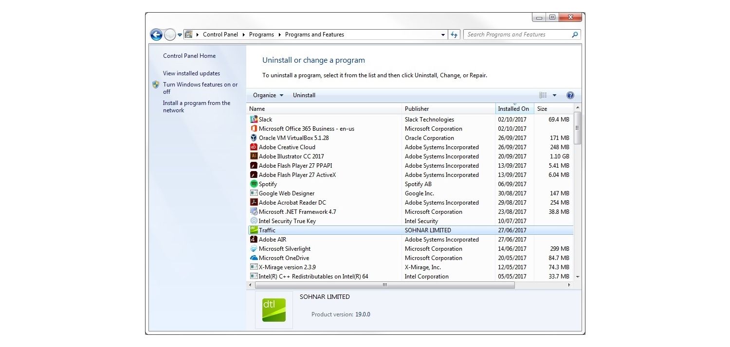Ventana emergente de Desinstalar un programa de Windows 7