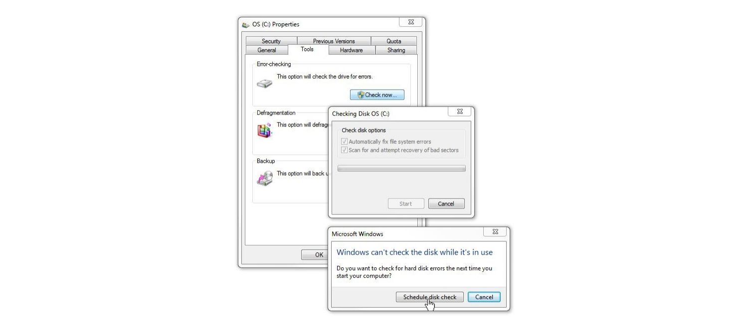 Ventana de “Comprobación de disco” de Windows 7