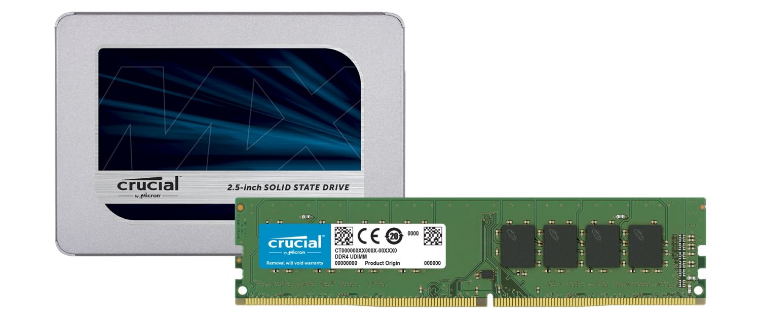 Una SSD Crucial y módulos de memoria RAM de Crucial